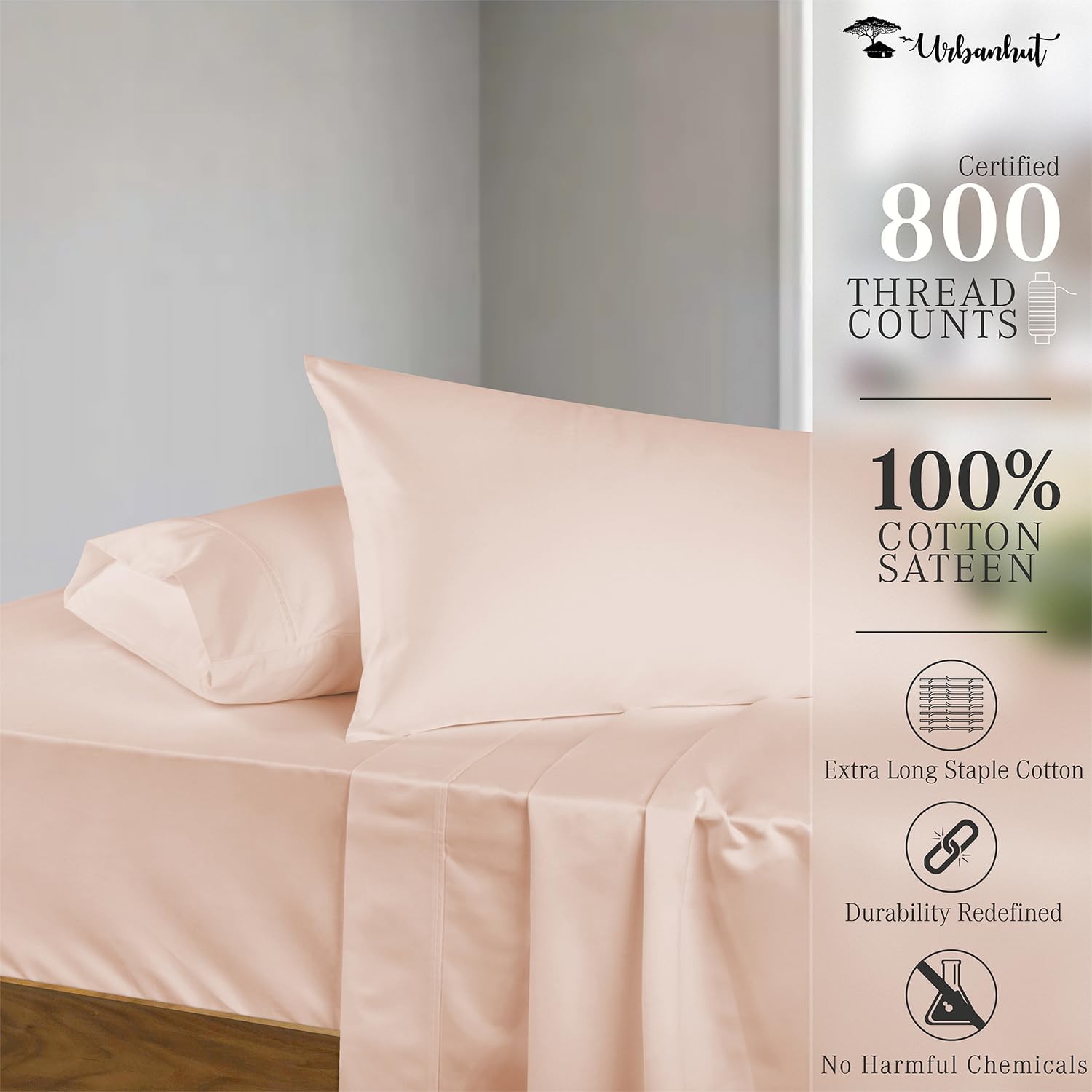 URBANHUT 800 Thread Count 100% Cotton King Size Sheets, Luxury 4 Piece King Bedsheets, Hotel Sheets Sateen Finish - Better Than Egyptian, 16" Elasticized Deep Pocket - Blush Pink - Image 2