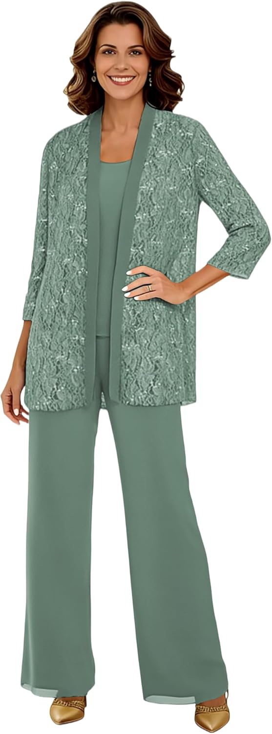 3 Pieces Mother of The Bride Pant Suits for Wedding 3/4 Sleeve Lace Formal Pantsuits for Women Dressy
