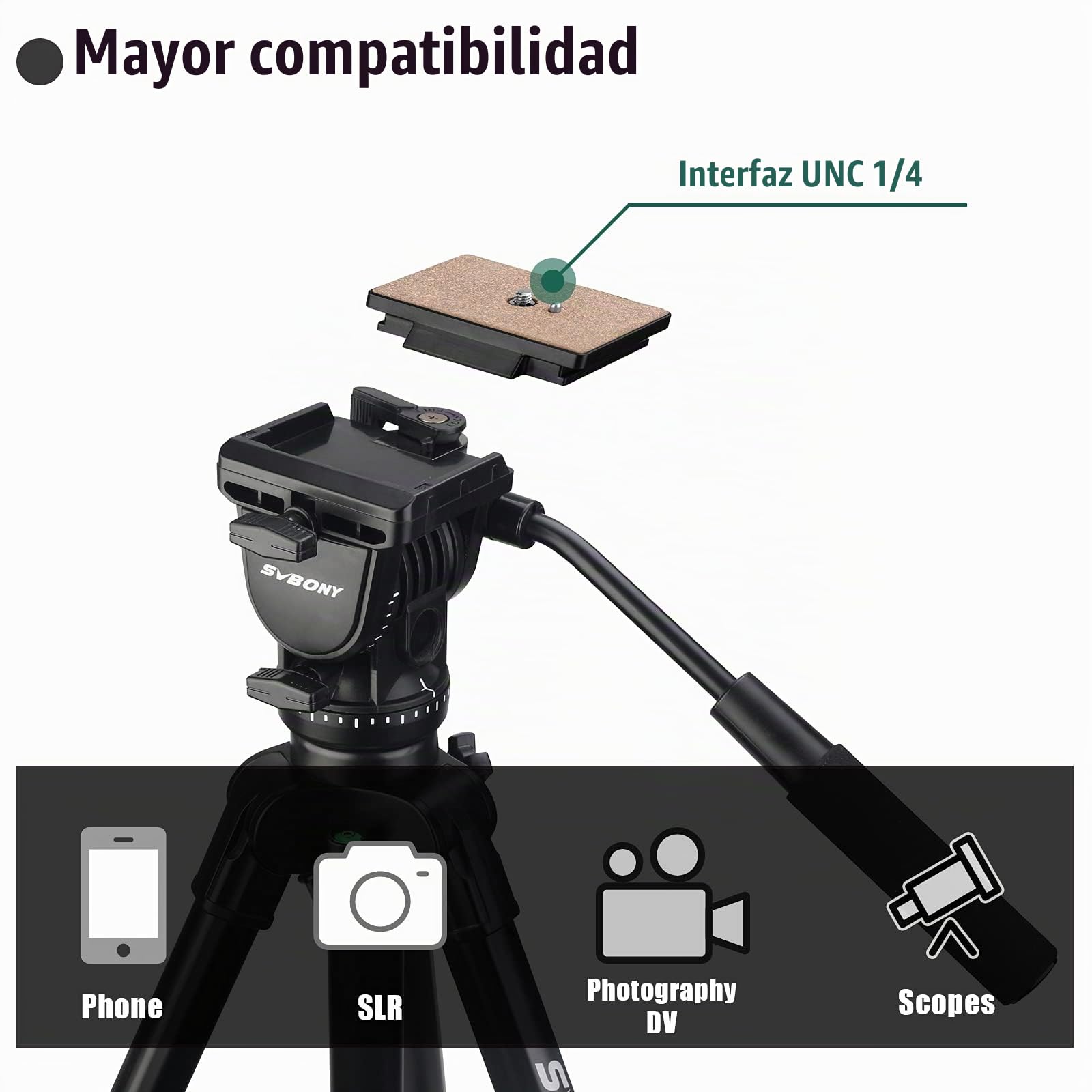 Svbony SA402 Trípode de Cámara con Cabezal Fluido de Aluminio, Trípode de Viaje Panorámico 360 Grados 64,56 Pulgadas, para Vídeo Cámara SLR Fotografía Telescopio Terrestre