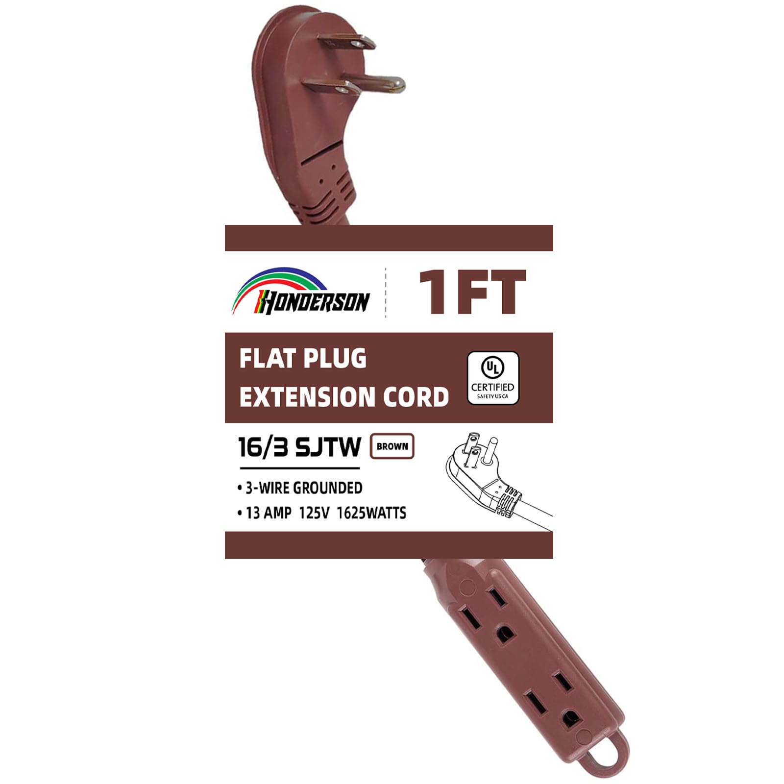 HONDERSON 3-Outlets Flat Plug Indoor Extension Cord Outlet Extender, UL Certified, 16 Gauge 1FT Brown 3 Prong Heavy Duty, 16/3 SJTW 13A Power Strip