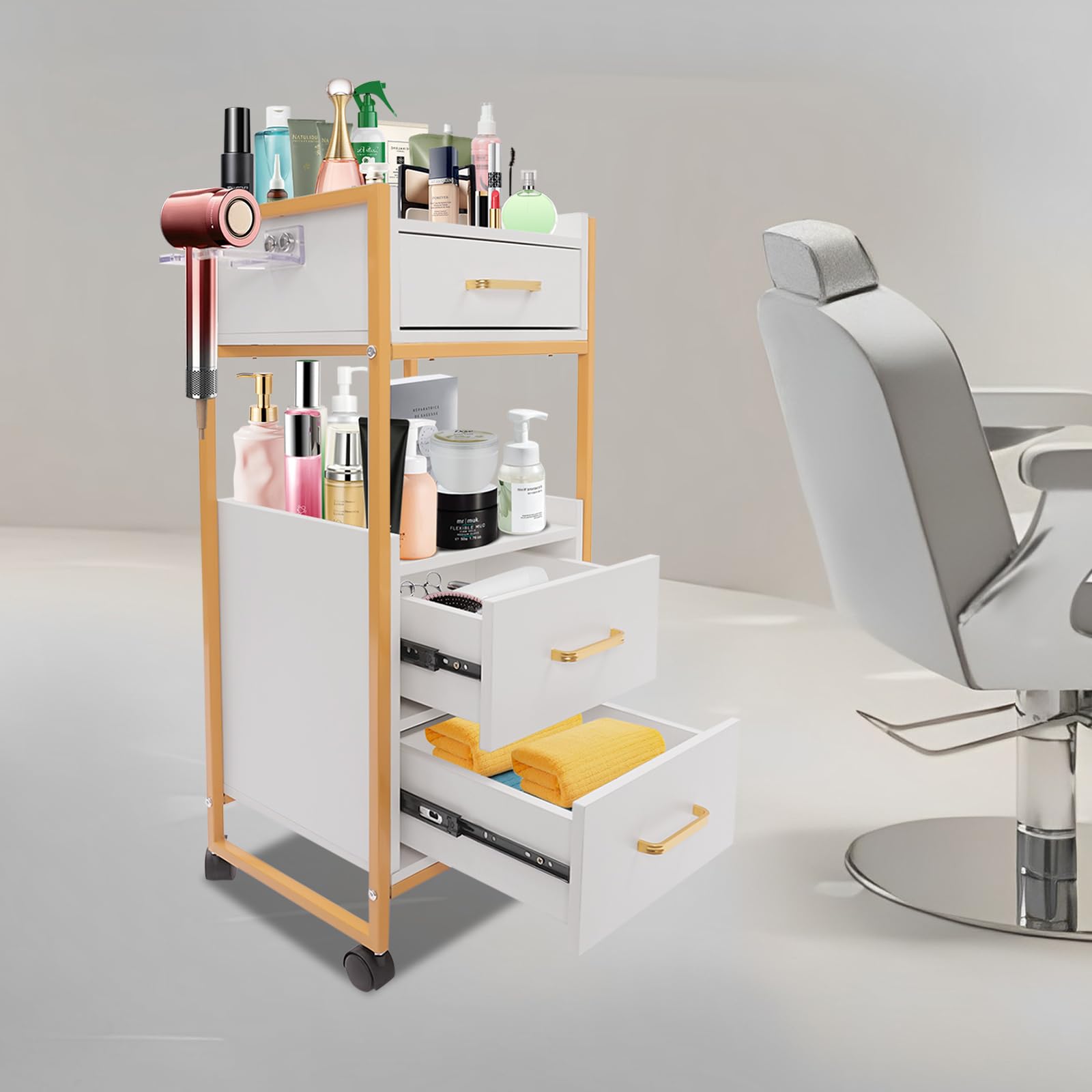 Carrito de salón con ruedas, soporte para secador de pelo, 3 cajones y 2 estantes abiertos, carrito de peluquería portátil para cosméticos, spa o tatuaje, 36 x 32 x 87 cm (negro) — view 11