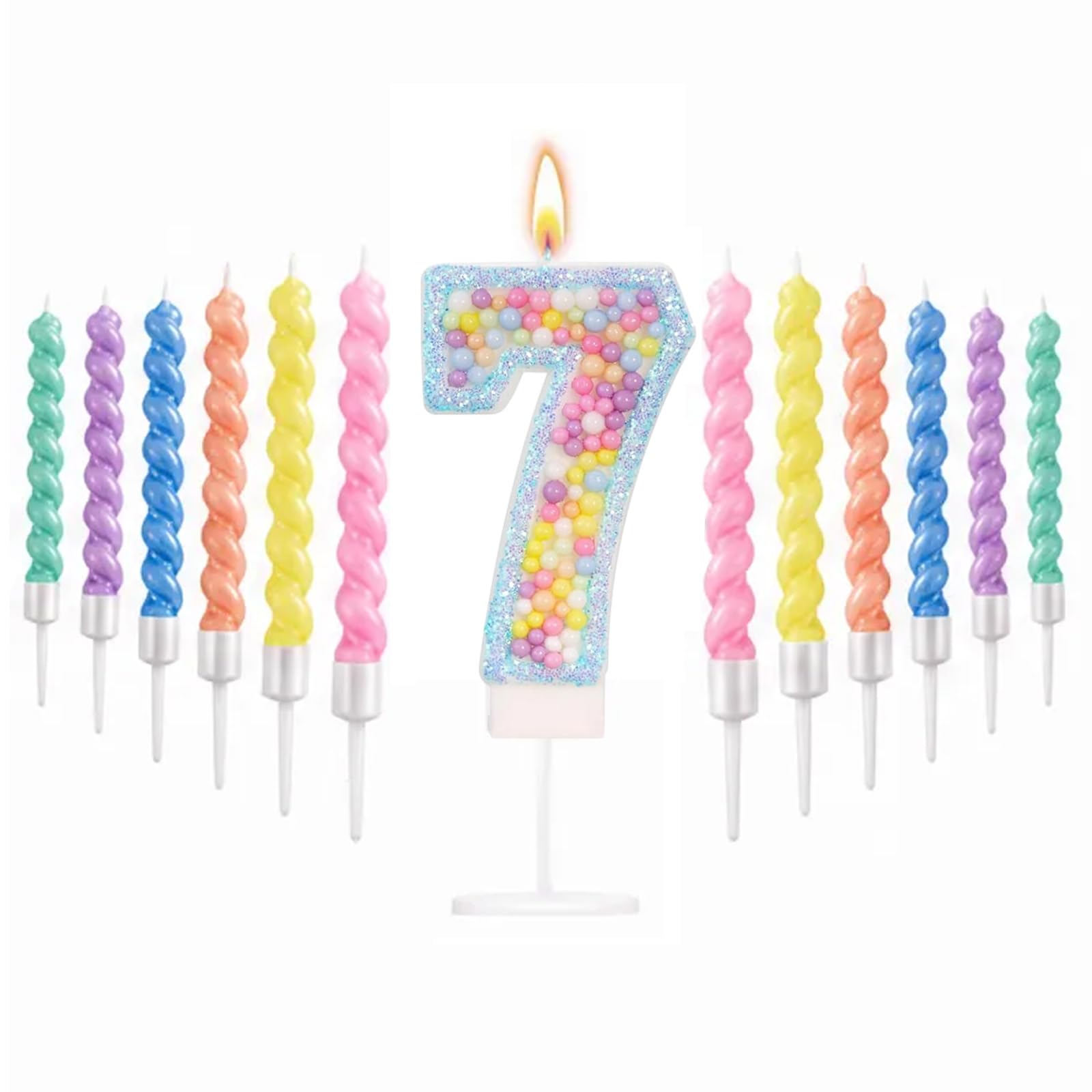 Blue Macaron 7th Birthday Candles Set, Number 7 Birthday Candle with 12pcs Spiral Candles for Girls Boy 7th Birthday Decorations, Rainbow Cake Topper for Party Decoration, Baby Showers Supplies