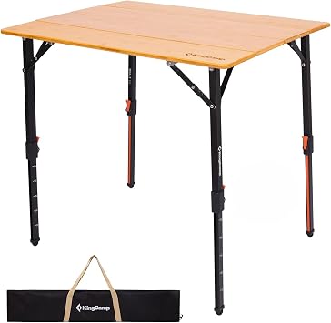 KingCamp Bamboo Folding Table, 4-Fold Camping Adjustable Height Portable Outdoor Lightweight & Compact Table with Aluminum Frame for RV Picnic BBQ Tailgating