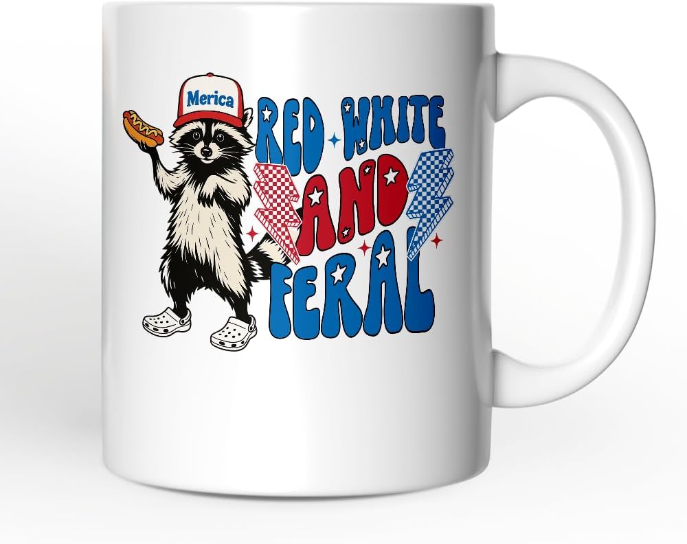 Red, White & Feral Raccoon Personalized Mug, Wild Patriot American Gift with Custom Name