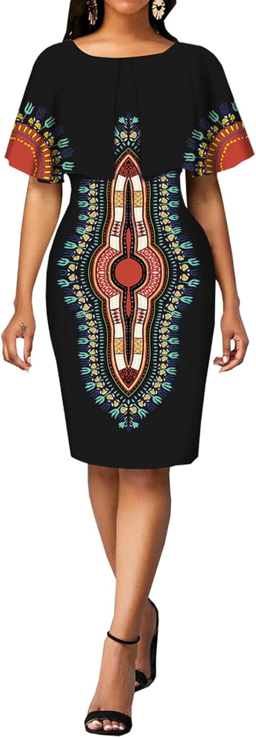 MOJICK Women's African Tribal Print Pleated Dress Patchwork Wear to Work Bodycon Dresses