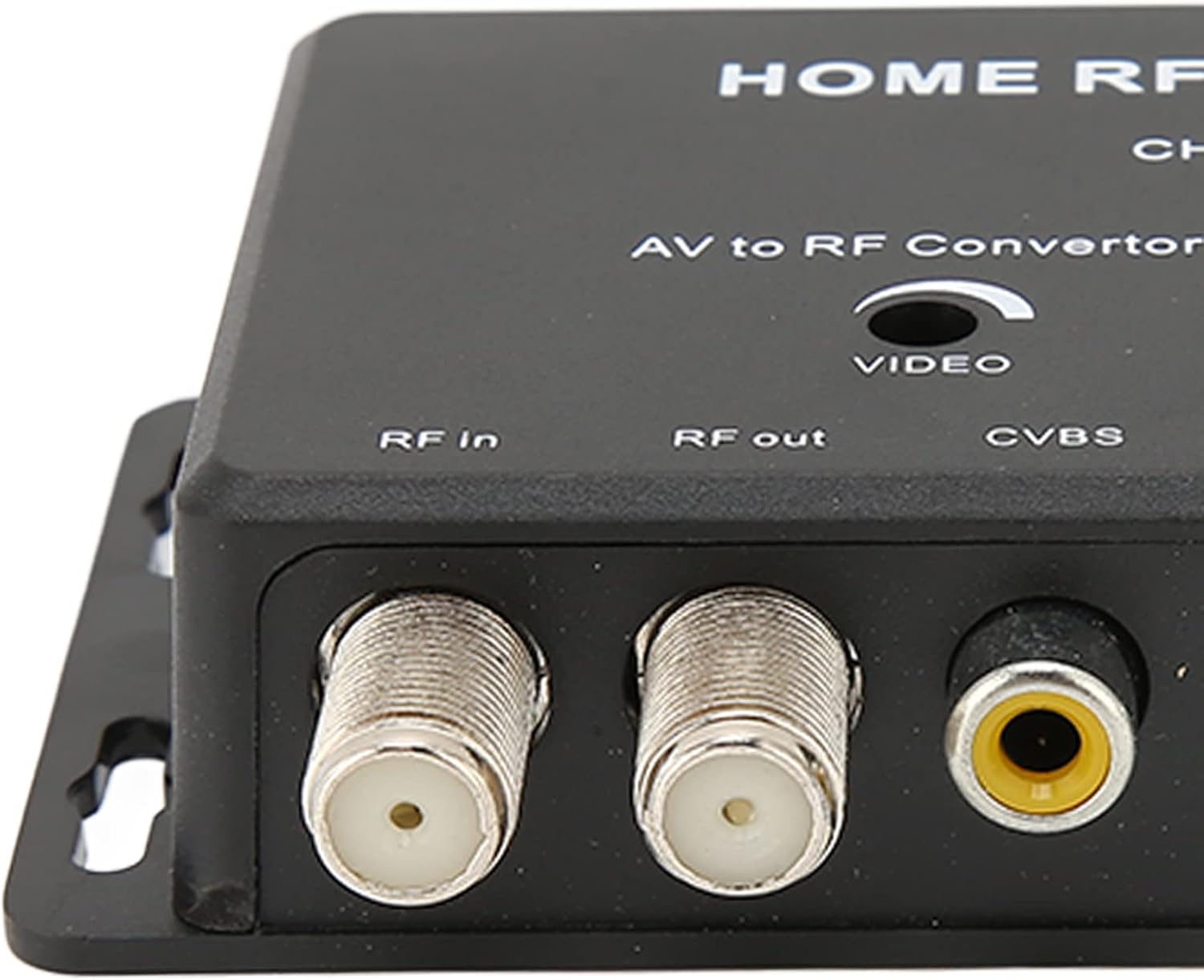 Close-up view of the RF in, RF out, and CVBS ports on the VBESTLIFE AV to RF Modulator.