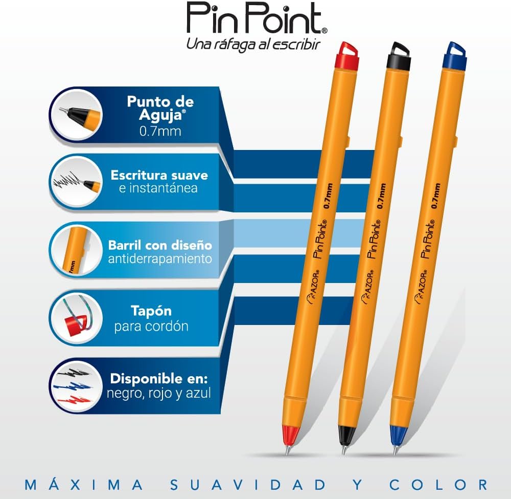 AZOR Pin Point Fine Point Writing Pens 0.7mm – Ballpoint Pens Assorted (50 Pack: 30 Black, 15 Blue, 5 Red)