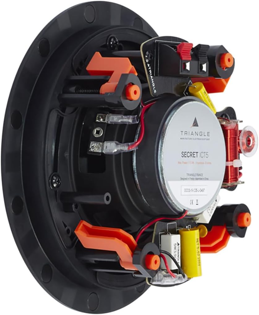Angled view of Triangle Secret ICT5 speaker with mounting clamps