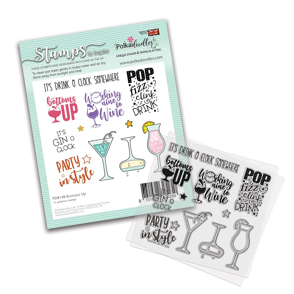 Clear Craft Stamp Set | Polkadoodles | Bottoms Up 4 x 4" Stamp Set | Polymer Clear Stamps for Papercrafting | Holiday, Vacation, Summer, Party. Cocktail Themed Scrapbook Stamps