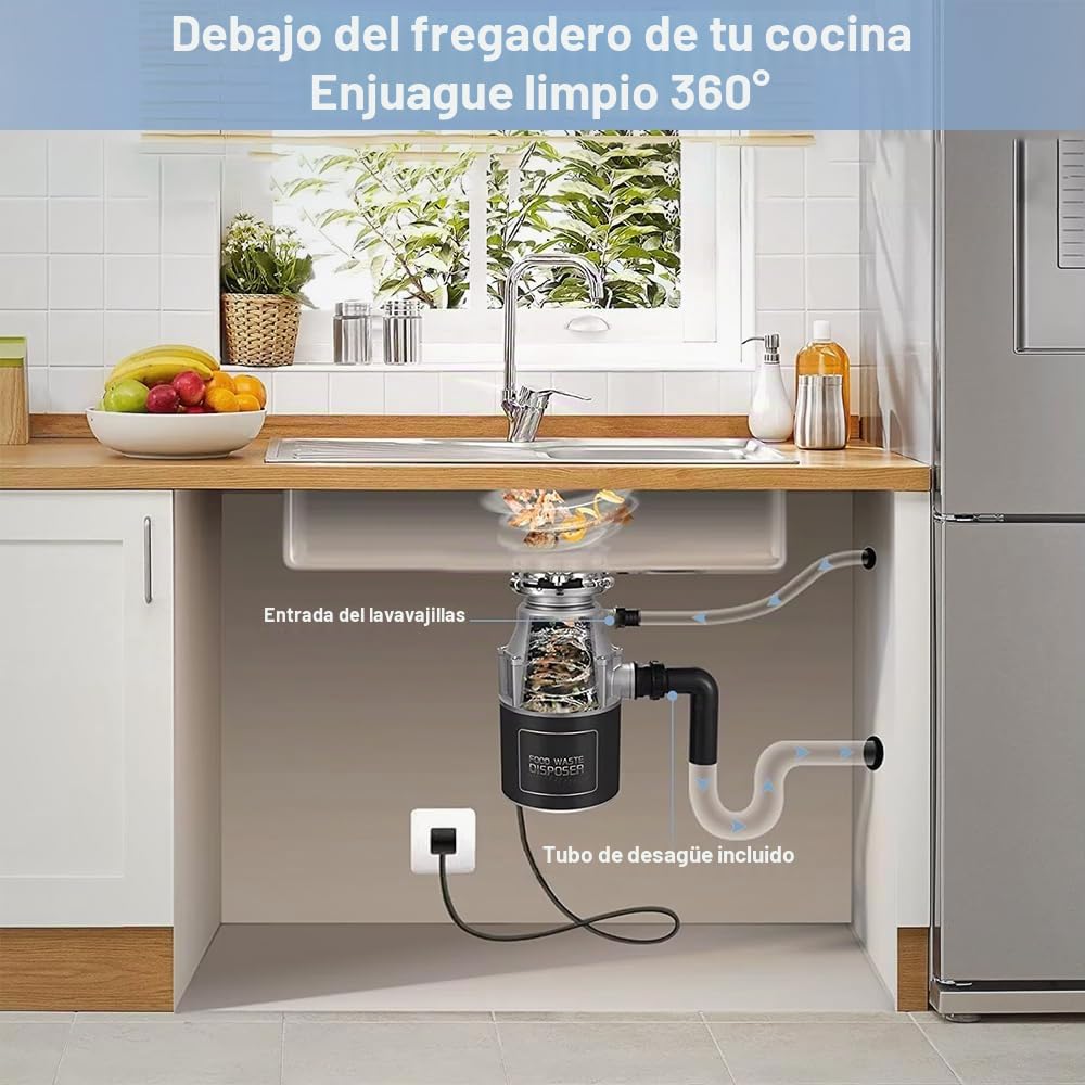 Triturador de Basura 3600 rpm, Triturador Para Fregadero de Cocina,Acero Inoxidable,Silencioso, Triturador Para Residuos de Alimentos,cable de Alimentación Incluid