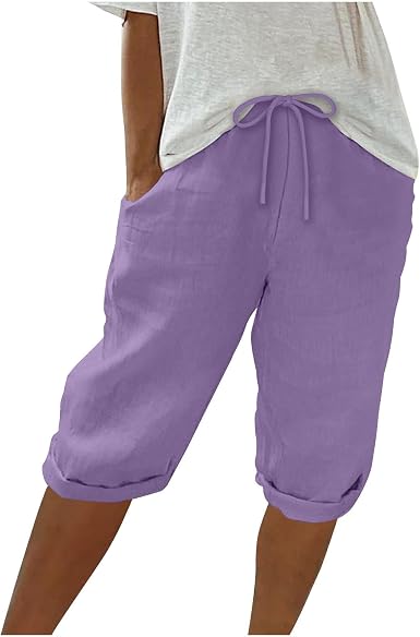 Pantalon 3/4 Femme Lin Été Léger Avec Poches - Pantacourt Taille Élastique Casual Chic Plage