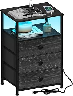 End Table with Charging Station LED Light Nightstand Bedroom Bed Side Dresser with 3 Fabric Drawers Open Storage Shelf Living Room Sofa End Table with USB Ports and Outlet (Charcoal, 1 Pack)