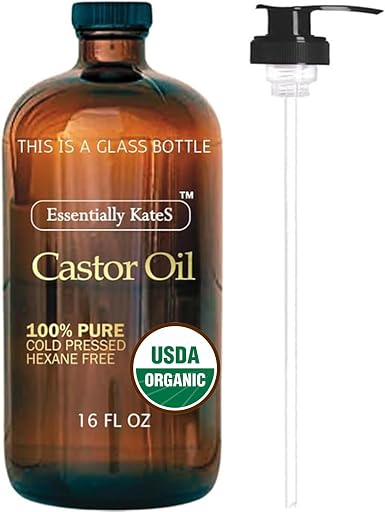 Essentially KateS Castor Oil 16 Fl Oz (Glass Bottle) - 100% Cold Pressed - USDA Organic Certified - Skin Care, Nail Care, Hair Care and Body Care