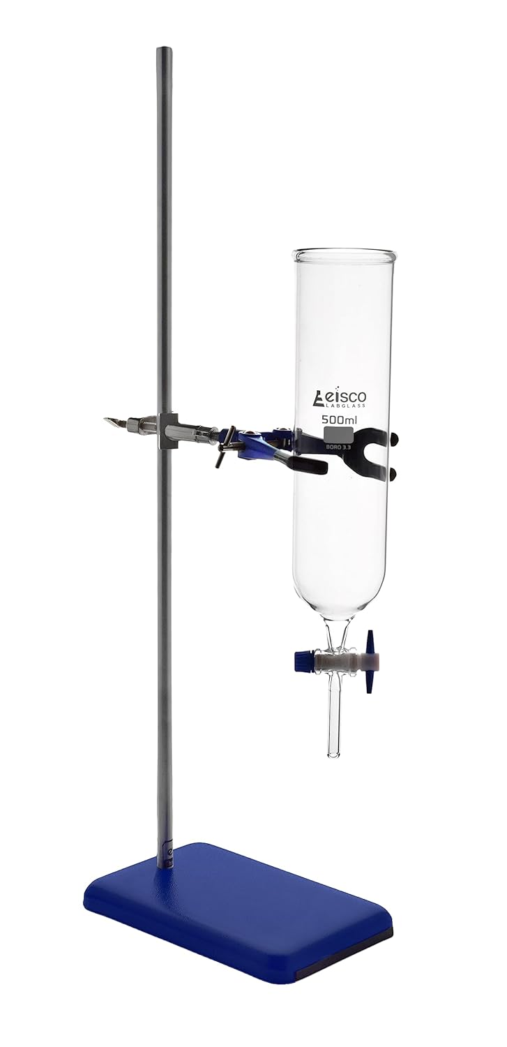 EISCO 500mL Dropping Funnel with Laboratory Support Stand - Includes Glass Dropping Funnel, 3.75 lb Metal Retort Base & Rod, Clamp with Bosshead