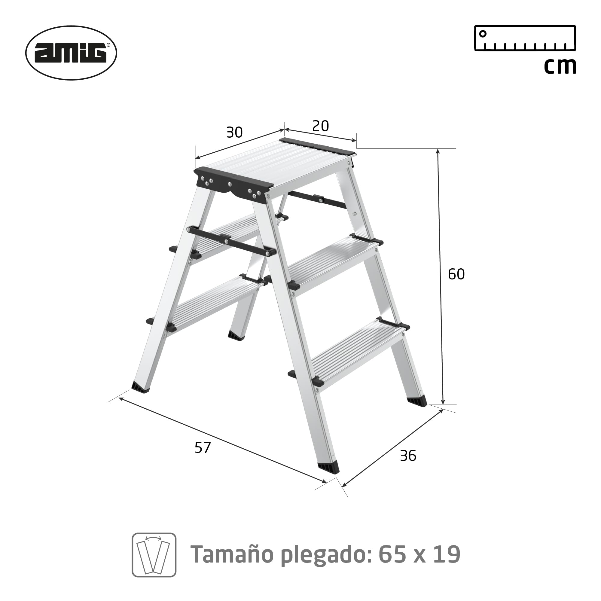 Amig Taburete Plegable 3 Peldaños Aluminio 57x60x36 cm | Ligero y fácil de transportar. Peldaños antideslizantes y plegado compacto.