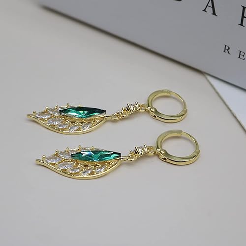 Miniatura 5 de Aretes colgantes de hoja de circonita verde simple, diseño clásico de hojas de oro blanco brillante, con bisagras de cristal, aretes de aro de moda,