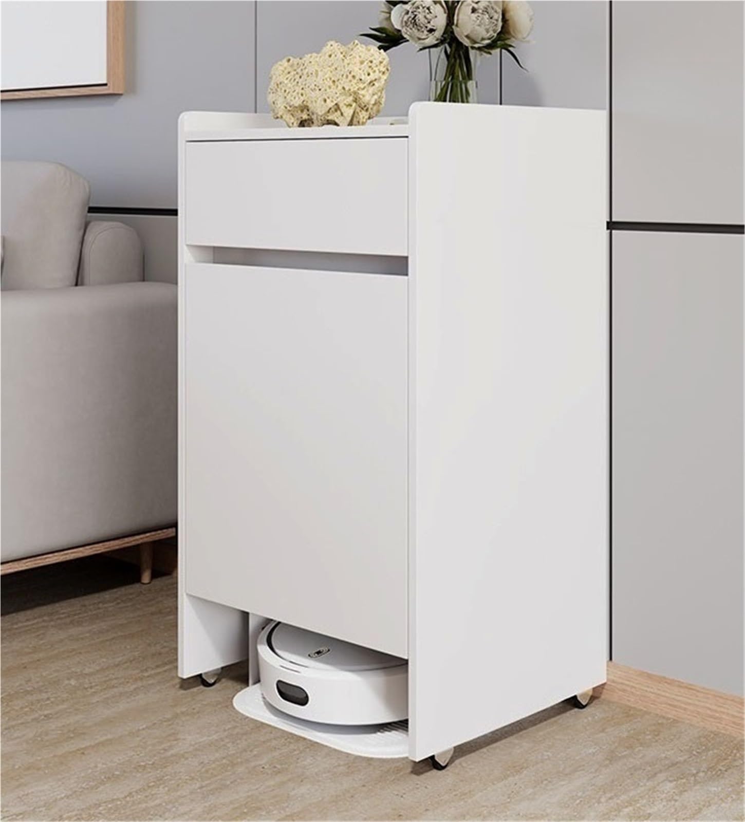 MESCXTY Mobile Sweeper Robot Storage Cabinet Shelf with Wheels Narrow Corner Hidden Vacuum Stand Wood Freestanding Rack Space Saver for Home Office Furnishing(White)