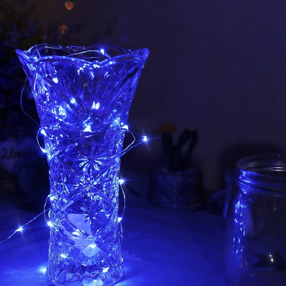 Paquete de 10 luces de hadas con pilas de 2 m, 20 luces LED de cadena de luces estrelladas de alambre plateado para bricolaje, boda, fiesta, festival, Halloween, Navidad (azul)
