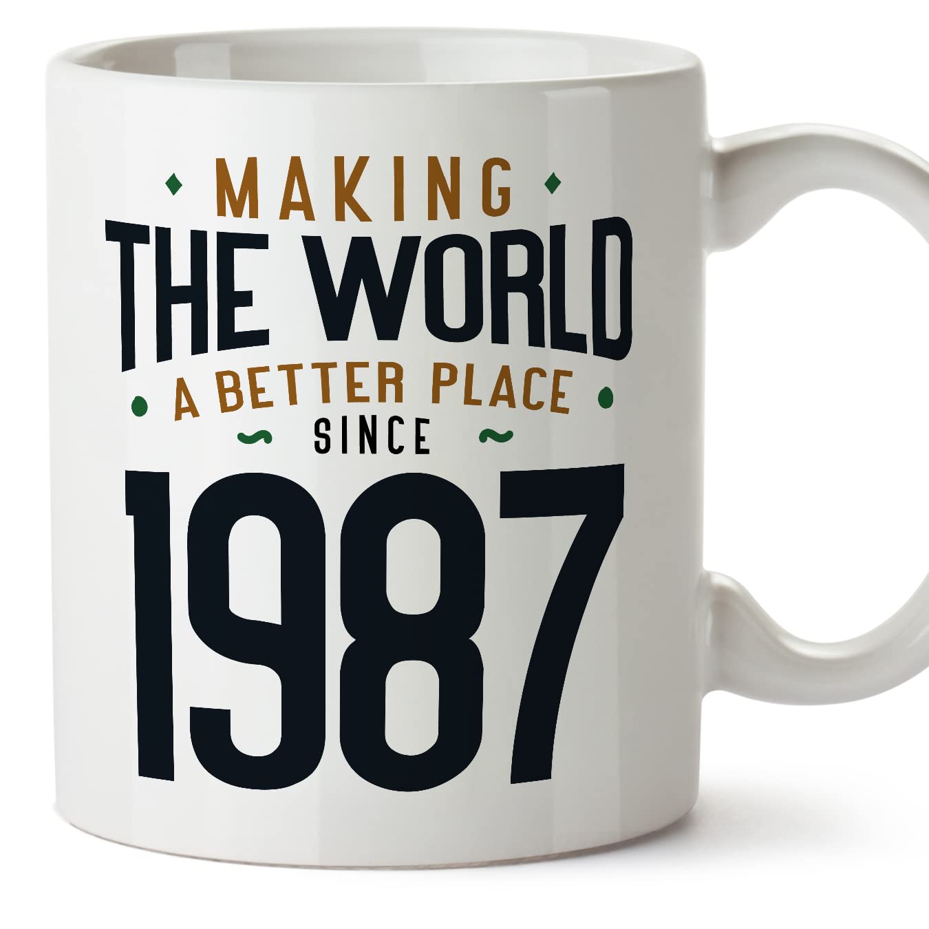 MUGFFINS 1987 Birthday Mug - in English - Making The World a Better Place - Funny Anniversary Present - 11 oz