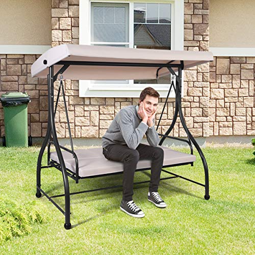 Tangkula 3 Seats Converting Patio Swing, Outdoor Porch Garden Canopy Swing With Comfortable Cushion Seats & Adjustable Tilt Canopy, Heavy Duty Hammock 3 Persons Porch Swing (Beige) #TOP1