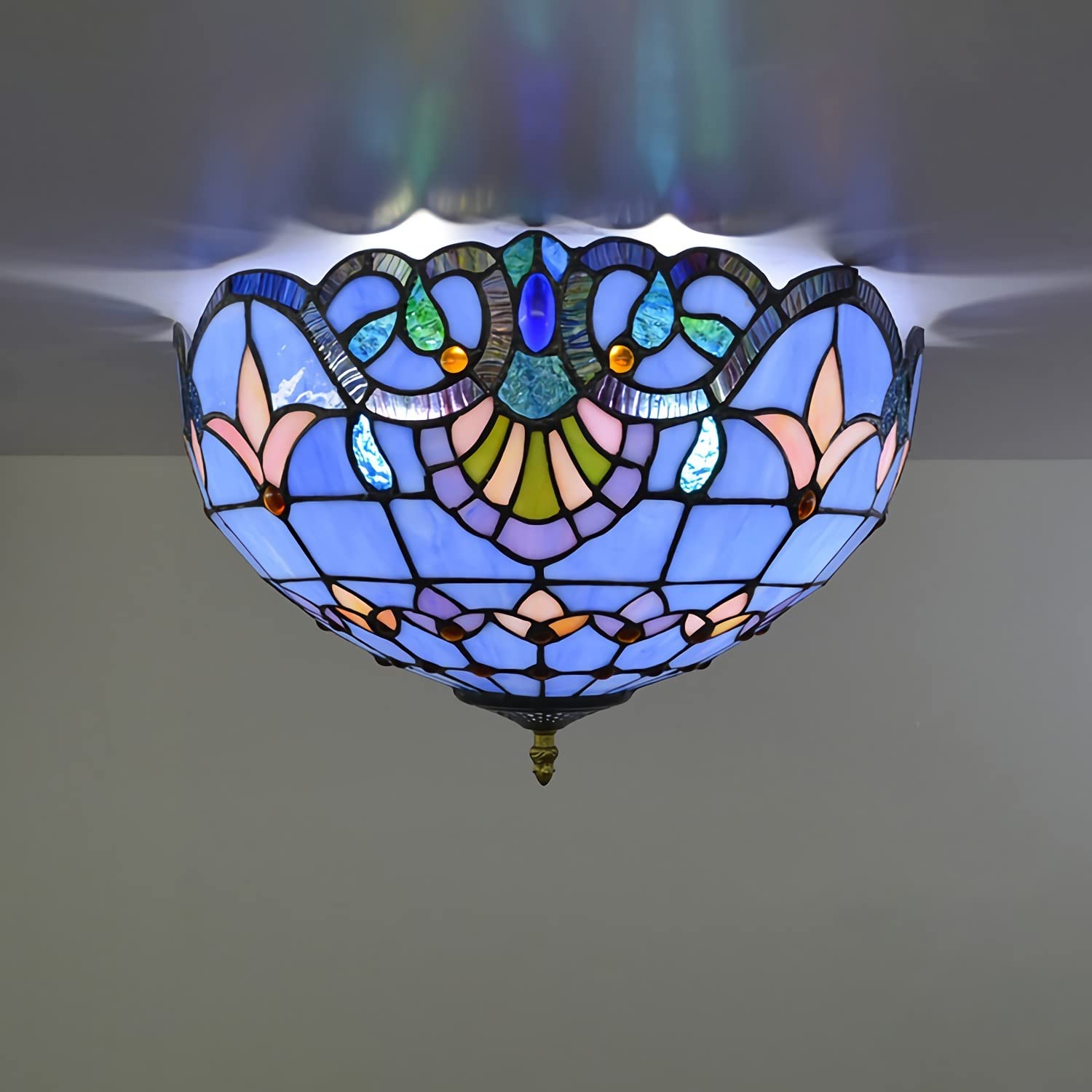 YNIYUJKL Tiffany-Style Ceiling Light Flush Mount, Blue Baroque Stained Glass Shade Ceiling Lamp, Vintage Decor E27 Chandeliers For Bedroom Bathroom Hallway Living Room Kitche