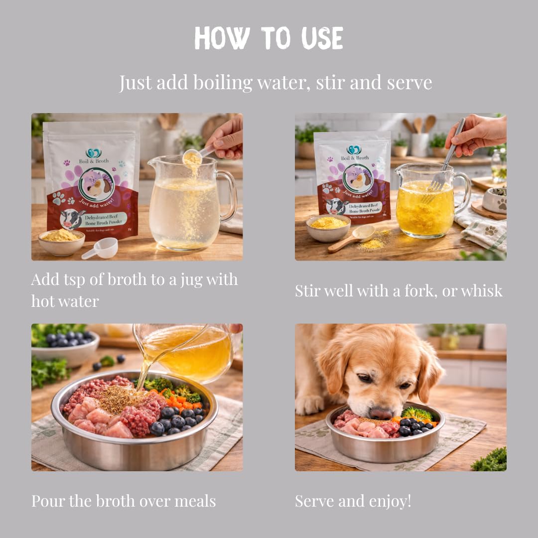 Brodo di manzo bollire e brodo per cani | 100% puro brodo proteico in polvere | Fino a 21 porzioni | Collagene bovino di tipo II | Ossa alimentate con erba britannica | Grado umano | Anca e