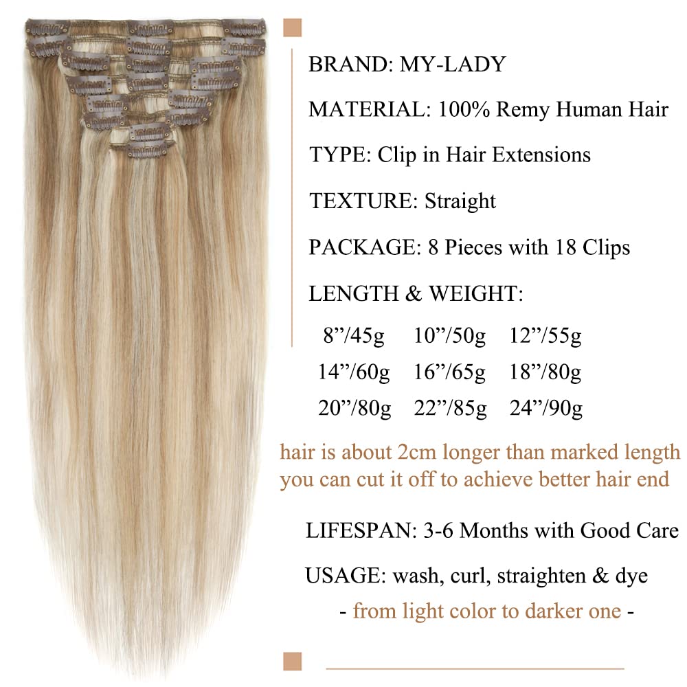 MY-LADY Clip in Hair Extensions Real Human Hair Golden Brown & Bleach Blonde 12 Inch 55g Remy Hair 8pcs Weft Balayage Full Head Natural Straight for Women