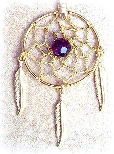Gold Dream catcher necklace with faceted amethyst and three feathers PURPLE DREAMS ll< Native American made