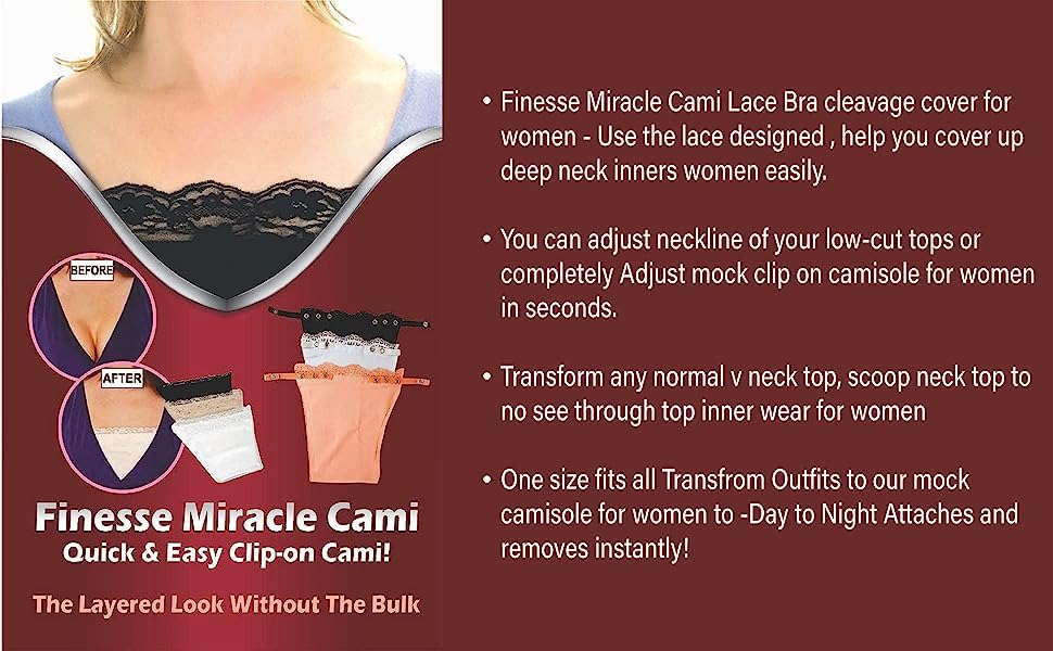 Image of Cotton Clip On Camisole for Women Mock Lace | Deep Neck Cleavage Cover Up Inner Cami Secret for Women | Free Size - Set of 8 - Black, Beige, White, Lt. Grey, Navy, Red, Royal Blue and Maroon