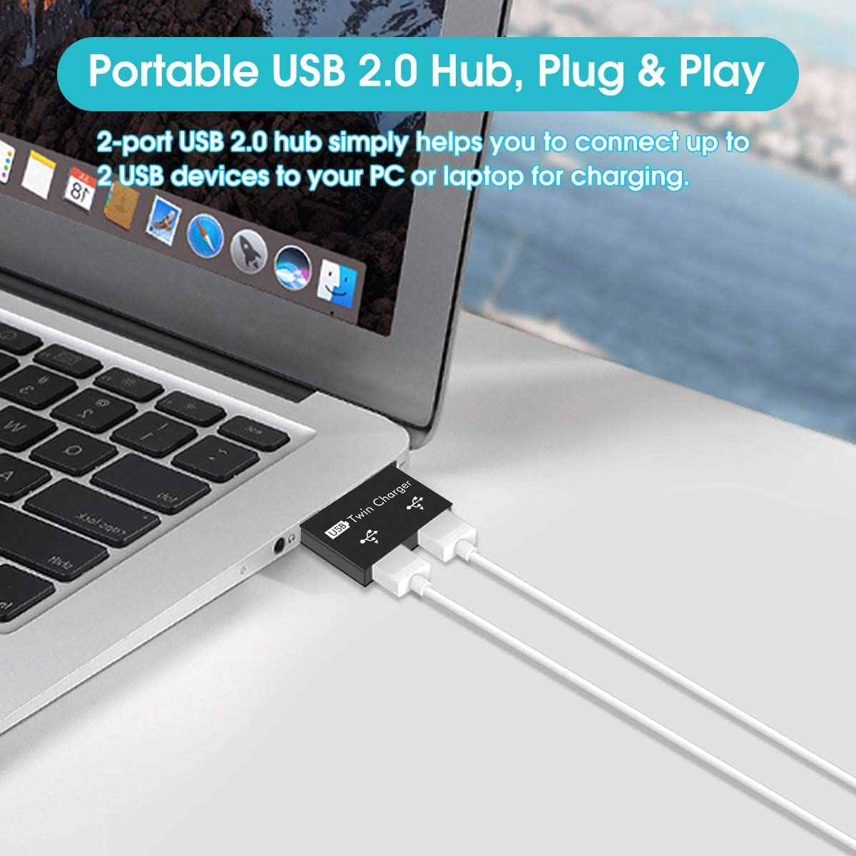 2 Port USB 2.0 Hub, USB Multiport Adapter, Ultra Slim Portable Data Hub, USB Splitter for USB Port Devices (Black)