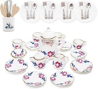 Odoria 1/12 Miniature Porcelain Tea Set Plates and Silverware Kitchen Utensils Dollhouse Accessories, Purple Blossom
