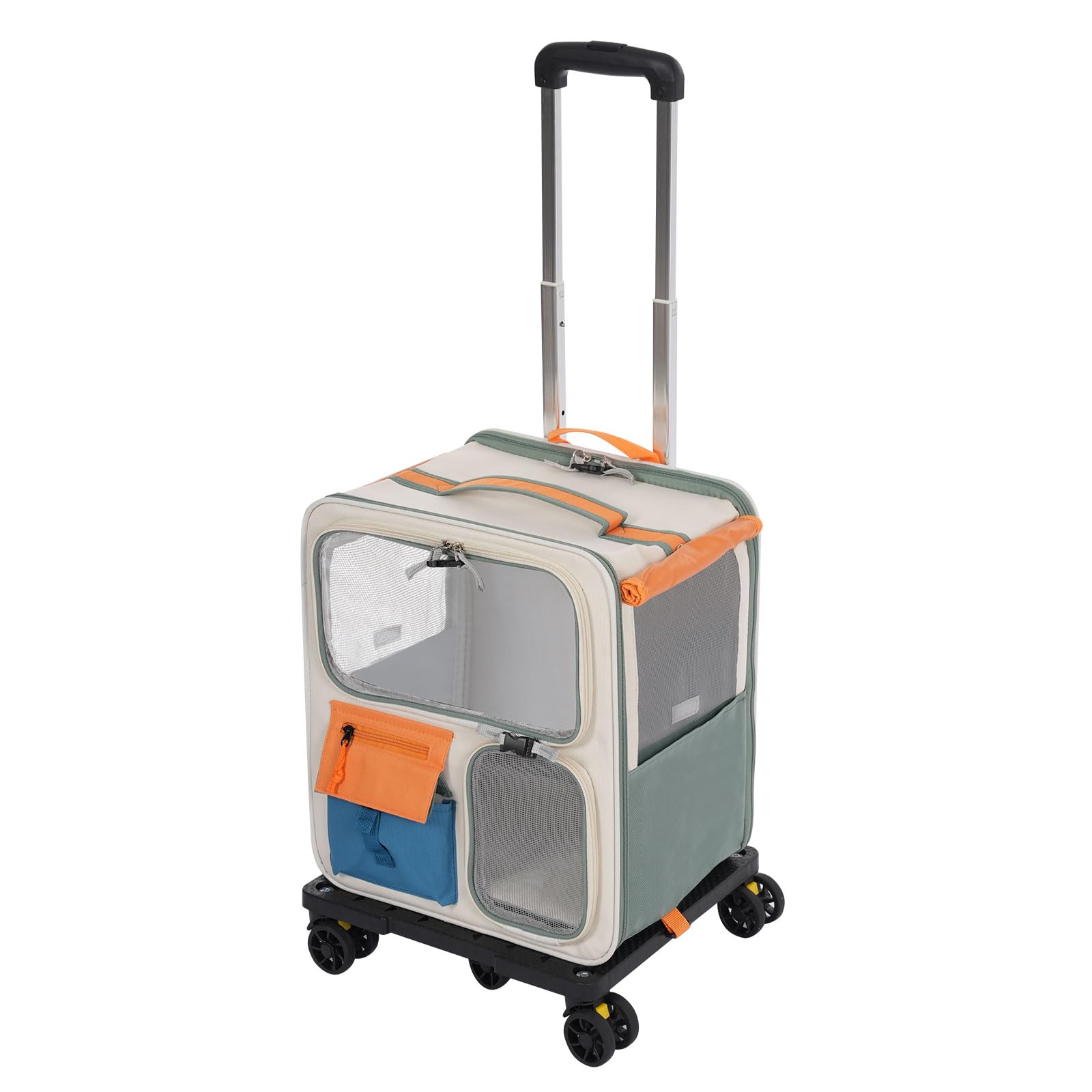 45L Rollende Transportbox 37×27×42cm mit Rollen & Teleskopstiel, Haustiertrolley 47-91cm Verstellbarer, Tiertransporter bis 12,5kg Katze / 5kg Hund