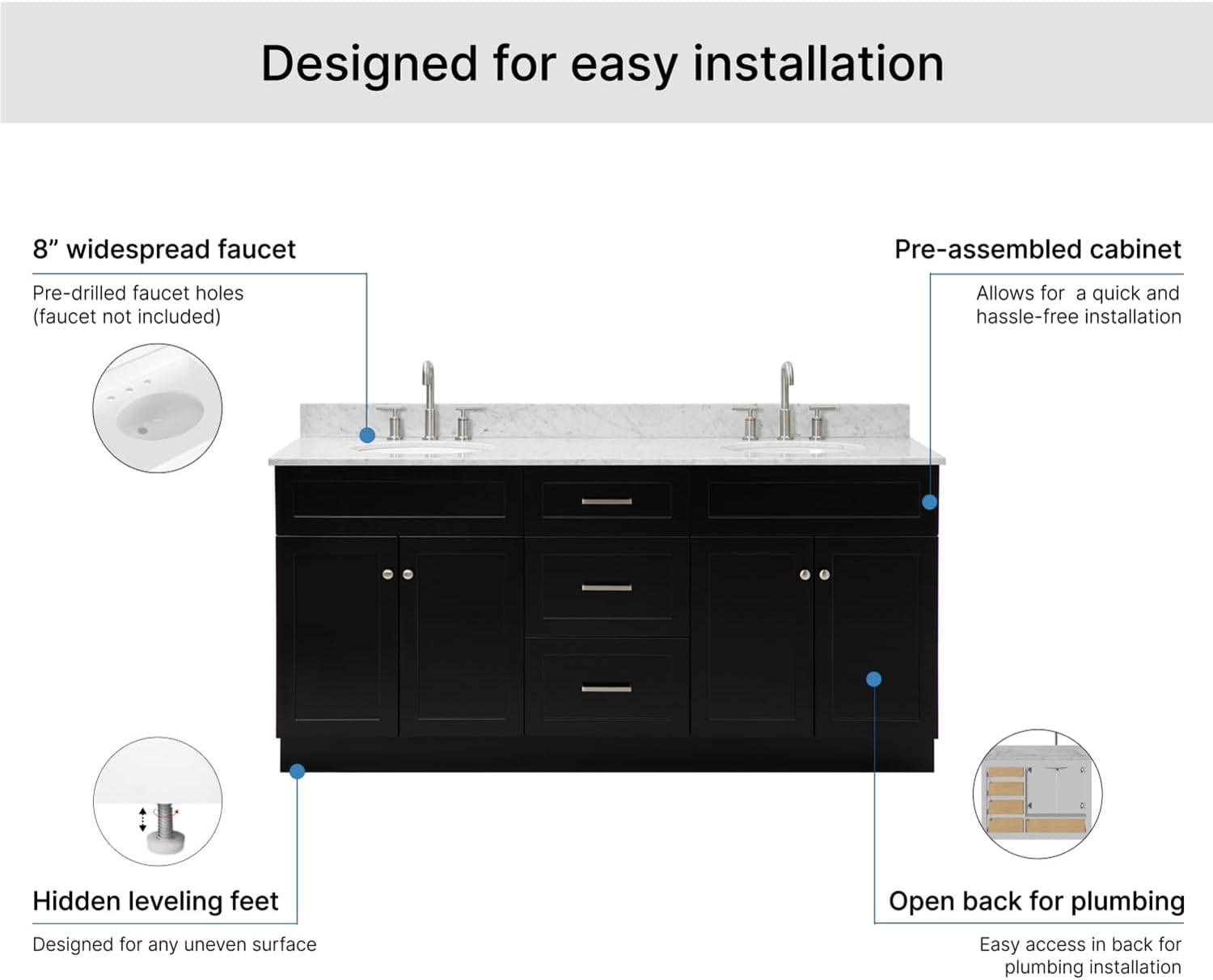 ARIEL Hamlet 72-inch Bathroom Vanity with Sink,Solid Wood, 0.75-inch Italian Carrara Marble Countertop & Backsplash, Double Rectangular Sink, 4 Soft Closing Doors, 3 Dovetail Drawers, Black