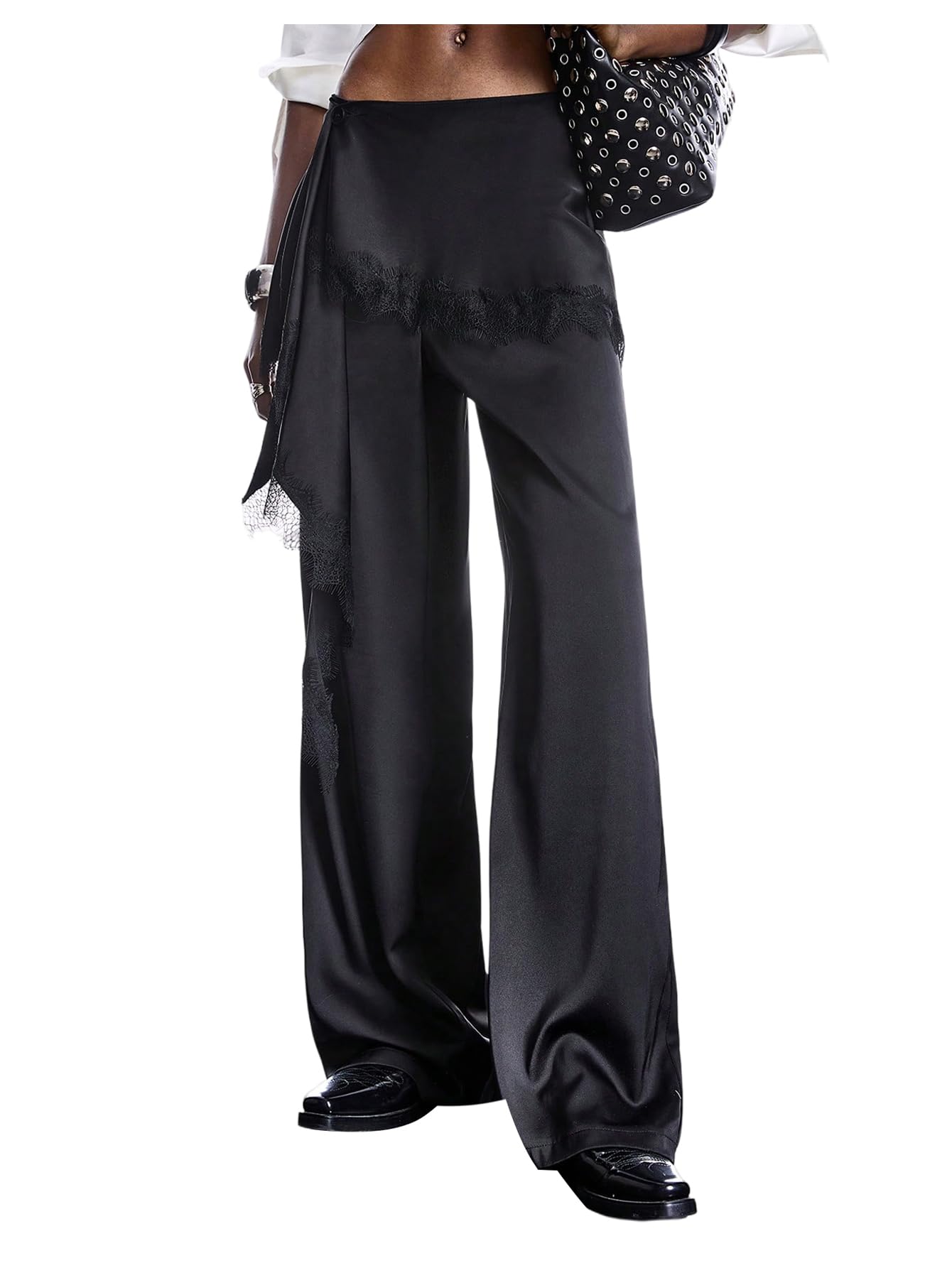 SOLY HUX Women's Y2k Satin Lace Trim Ruffle Wide Leg Vintage Trousers