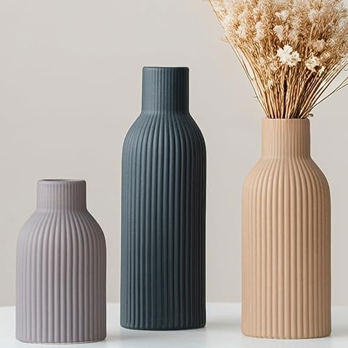Modern Ceramic Vases Set of 3, Black Ribbed Decorative Vases,