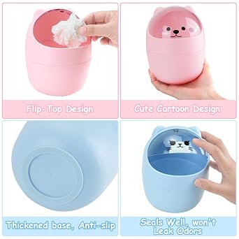 Portable Blue Mini Lidded Desktop Cartoon Trash Can