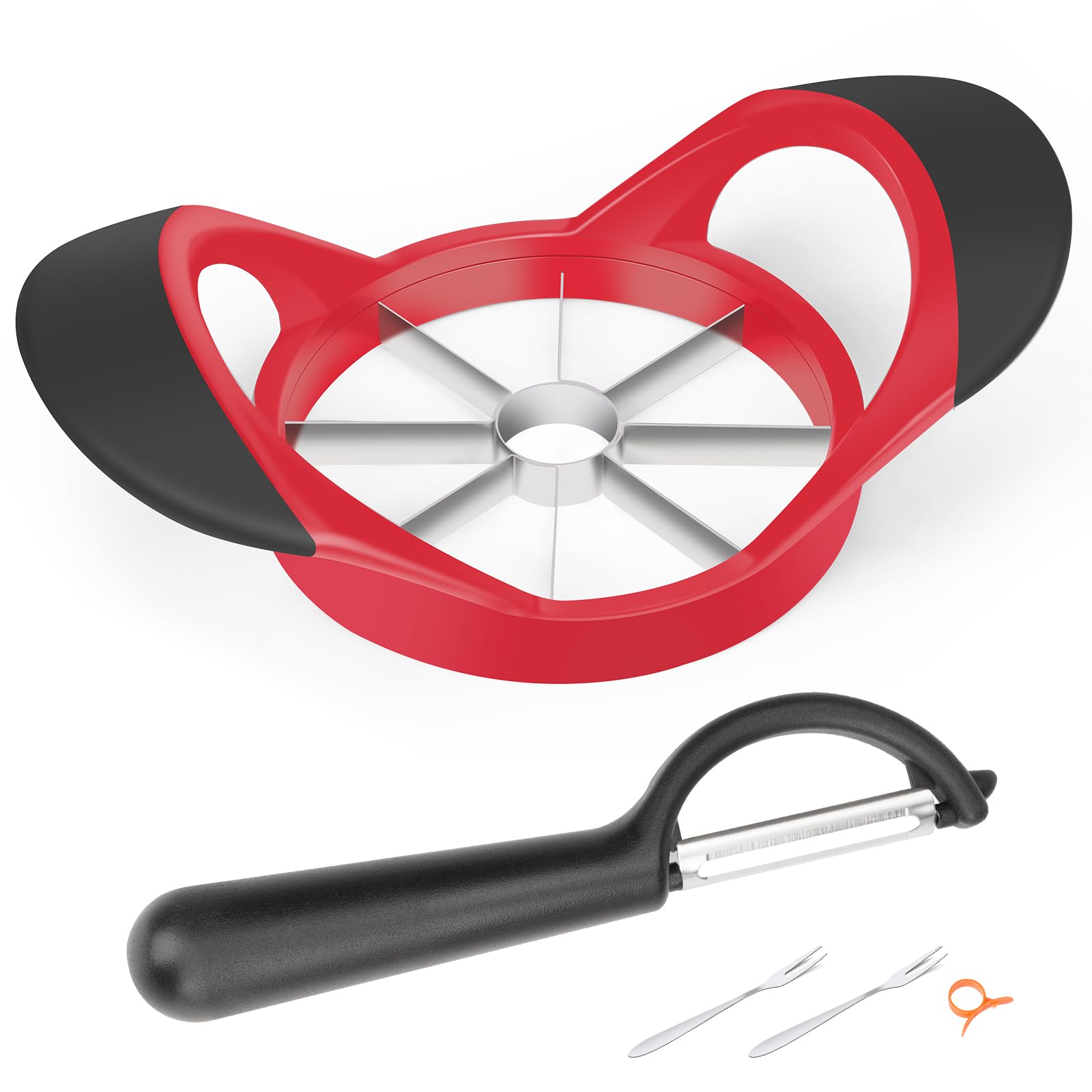 4.72 Inch 8 Super Sharp Stainless Steel Blades Apple Slicer, Corer and Divider, 1 Super Sharp Peeler, 2 Stainless Steel Fruit Forks and 1 Orange Citrus Peeler Tool, Red