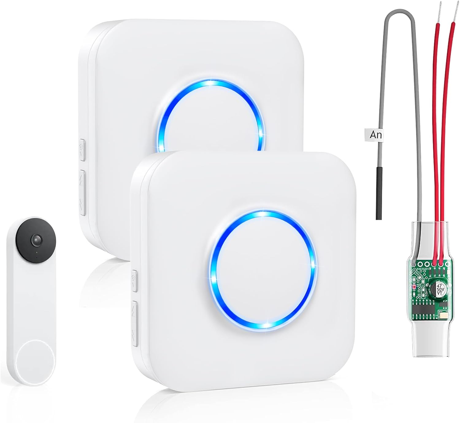 Satisure Wireless Doorbell Chime for Google Nest Doorbell (Wired, 2nd Gen) Doorbell Extender with Receiver Connects to Existing Hardwired 58 Chimes and 5 Volume for Home (1 Video Extender 2 Receiver? 2Chime 1Video Extender White