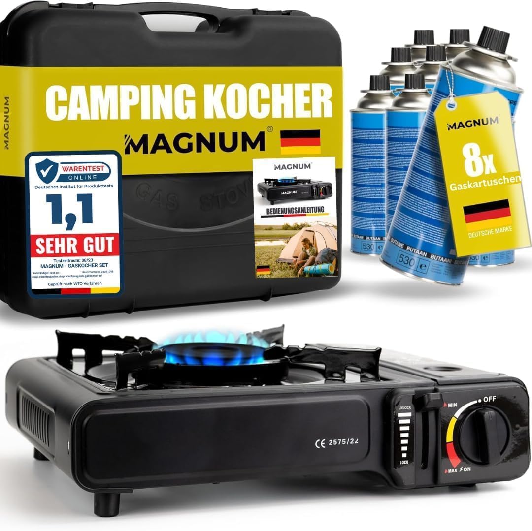 MAGNUM® Gaskocher inkl. 8 Kartuschen - Campingkocher mit Piezozündung - Camping Gaskocher stufenlos regulierbar - Gaskocher Camping 1-Flammig