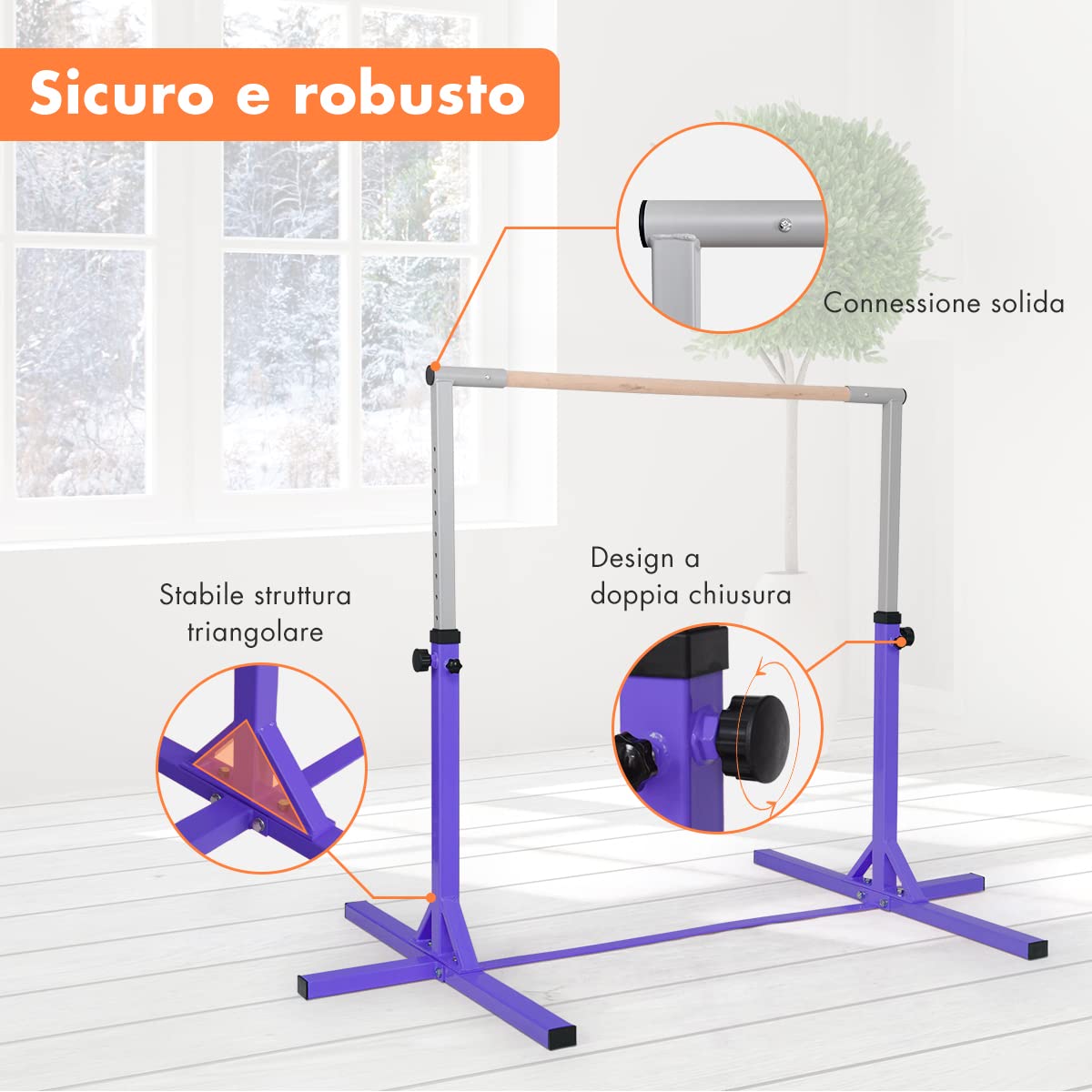 RELAX4LIFE Barra Orizzontale da Ginnastica per Bambini, Attrezzatura per Fitness con Telaio in Metallo, Barra di Allenamento con Altezza Regolabile (Viola, 203 x 121 x 91-150 cm)
