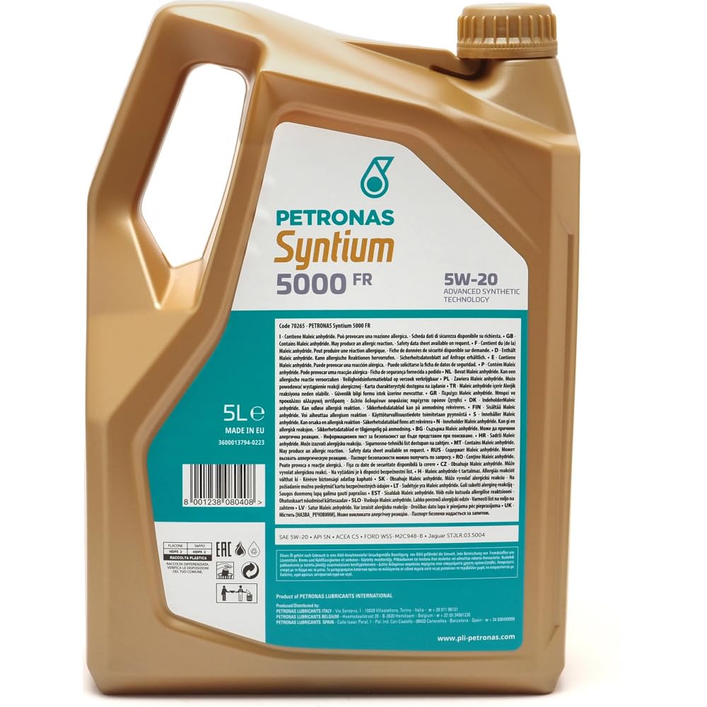 PETRONAS Aceite de motor 5W-20 SYNTIUM Aceite sintetico ACEA A1/B1 API SN 5000 FR 5L Compatible con FORD Fiesta Mk6 Hatchback CB1, CCN, JA8, JR8 MONDEO IV Turnier BA7 FOCUS III Turnier S-MAX WA6
