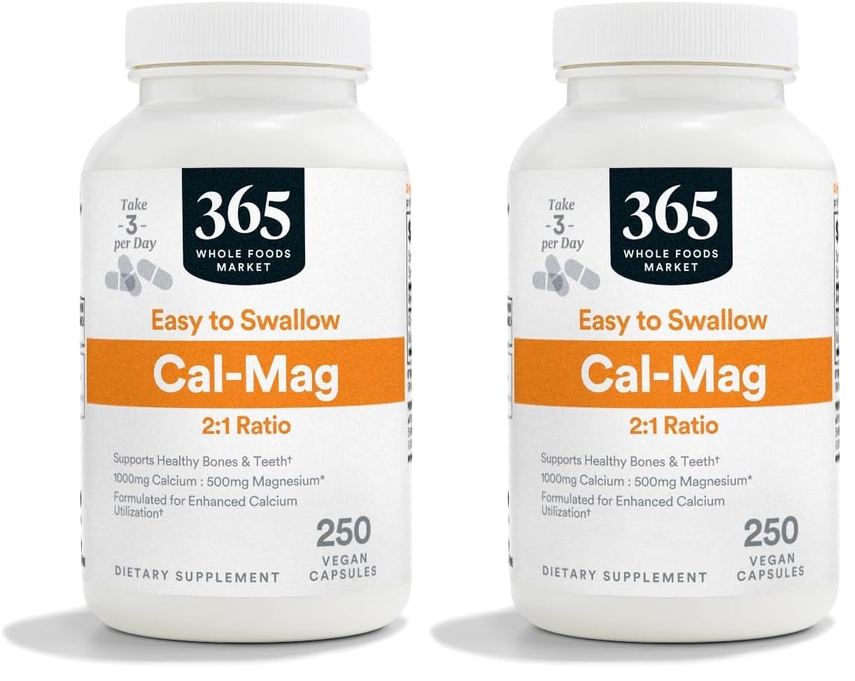 365 by Whole Foods Market, Calcium 1000Mg Magnesium 500Mg Easy Swallow, 250 Veg Capsules (Pack of 2) 250 Count (Pack of 2)