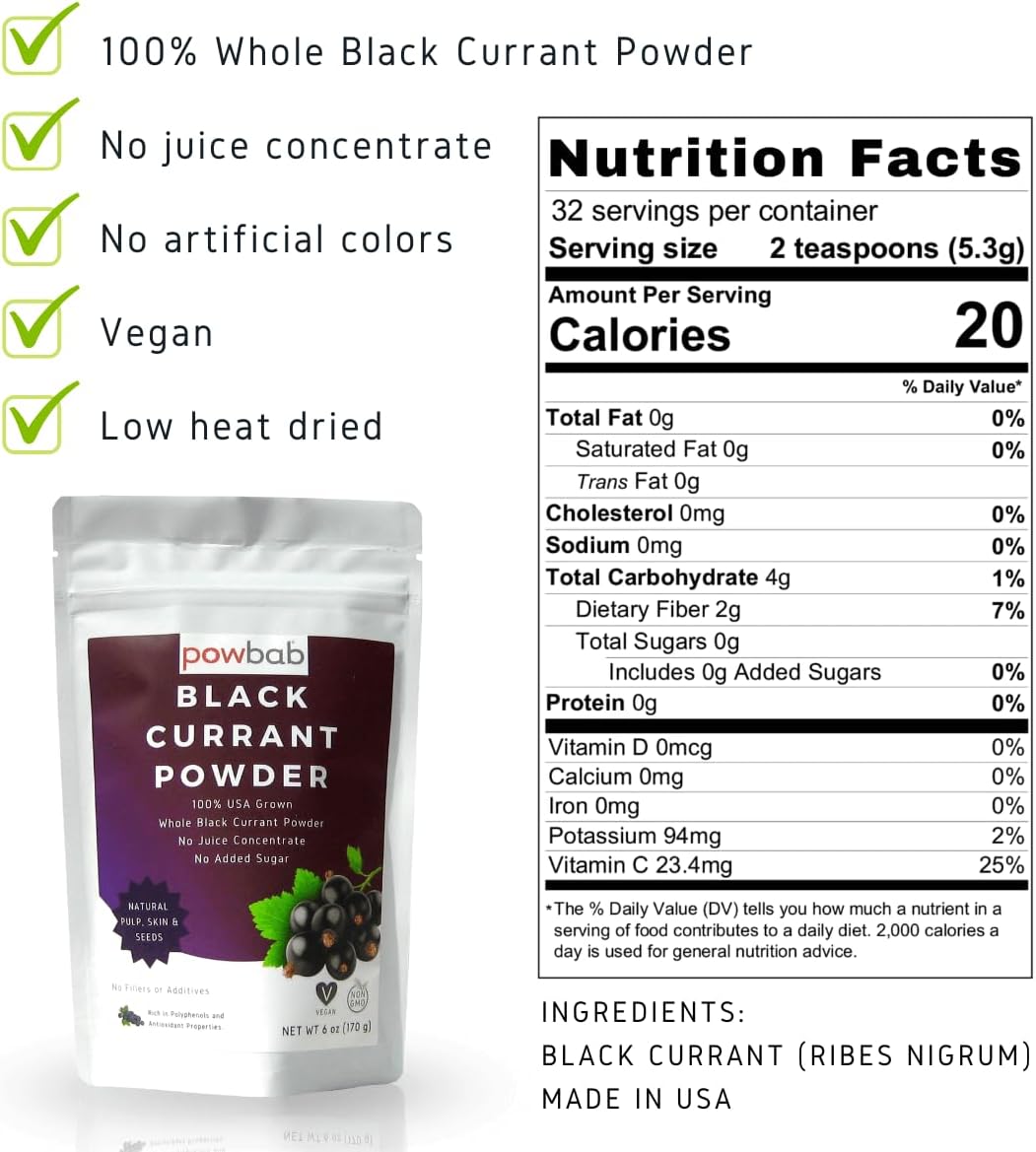 powbab Black Currant Powder - 100% USA Grown Whole Black Currants. No Juice Concentrate, No Added Sugar. Made in USA from Dried Currants Unsweetened. Not Freeze Dried. Non-GMO, No Maltodextrin. (6 oz)