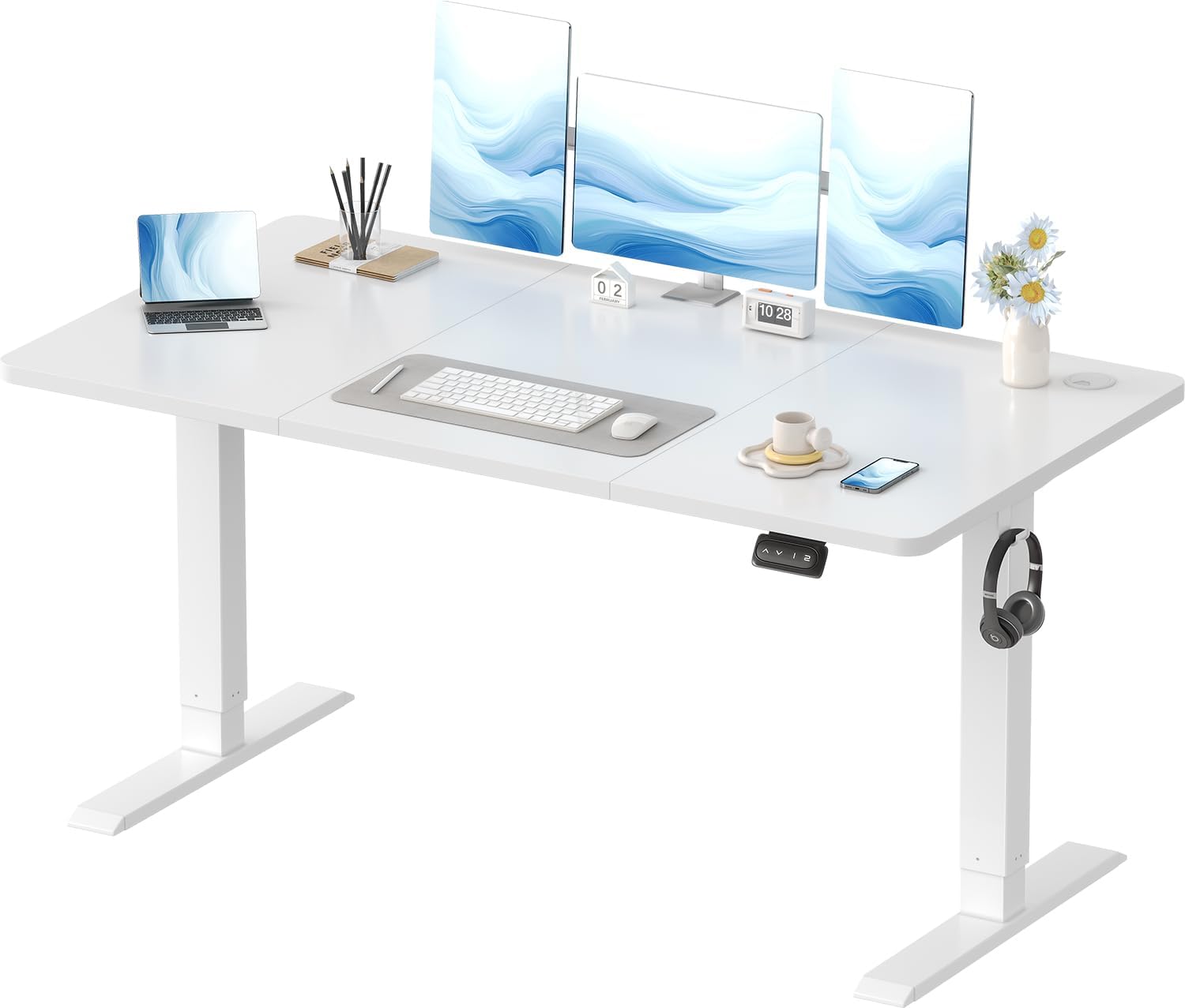 Electric Standing Desk 140x60cm, Height Adjustable Desk Ergonomic Stand up with 2 Memory Preset, White