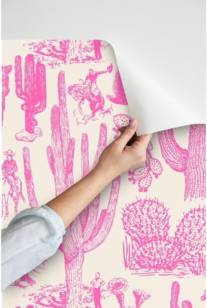 Spoonflower Peel & Stick Wallpaper 6ft x 2ft - Pink Cactus Toile Western Kitsch Cowboy Saguaro Desert Cowgirl Southwestern Rodeo Arizona Cacti Custom Removable Wallpaper