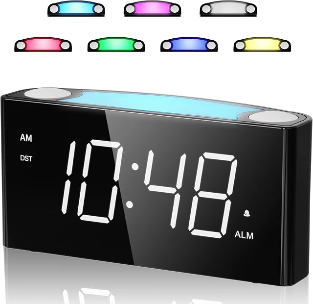 Alarm Clock Loud with 7 Colors Light, Bedside Alarm Clock Mains Powered for Kids, Heavy Sleepers, with 7'' LED Display, Snooze, 2 USB Charge Ports, Adjustable Volume & Brightness, Battery Backup