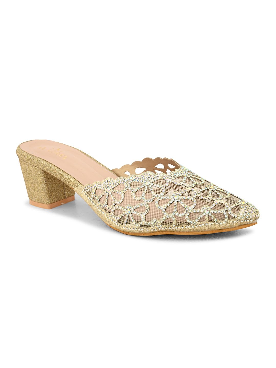 Women's Embellished Mesh Block Heel Mules | Floral Rhinestone Design | Comfortable Slip-On Pointed Toe Block Heel Mules For Girls & Women-image-12