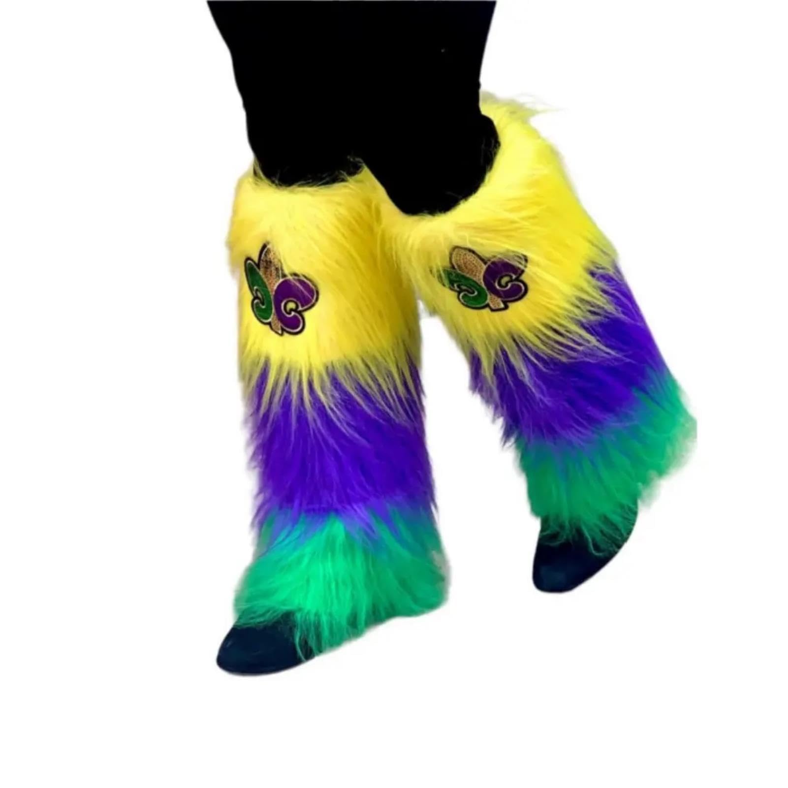 Gliquran Mardi Gras Leg Warmers Mardi Gras Boot Covers Purple Fur Fuzzy Leg Warmers for Women 80s Fluur de Lis Socks