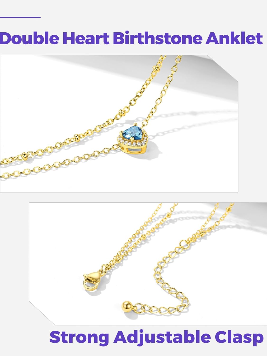 Richsteel Double Layer Heart/Butterfly Birthstone Anklet for Women Non Tarnish Waterproof, Silver/Gold/Black Stainless Steel 8.5-10.5 Inch Adjustable Chain Anklets Jewelry Gifts for Her - Image 6