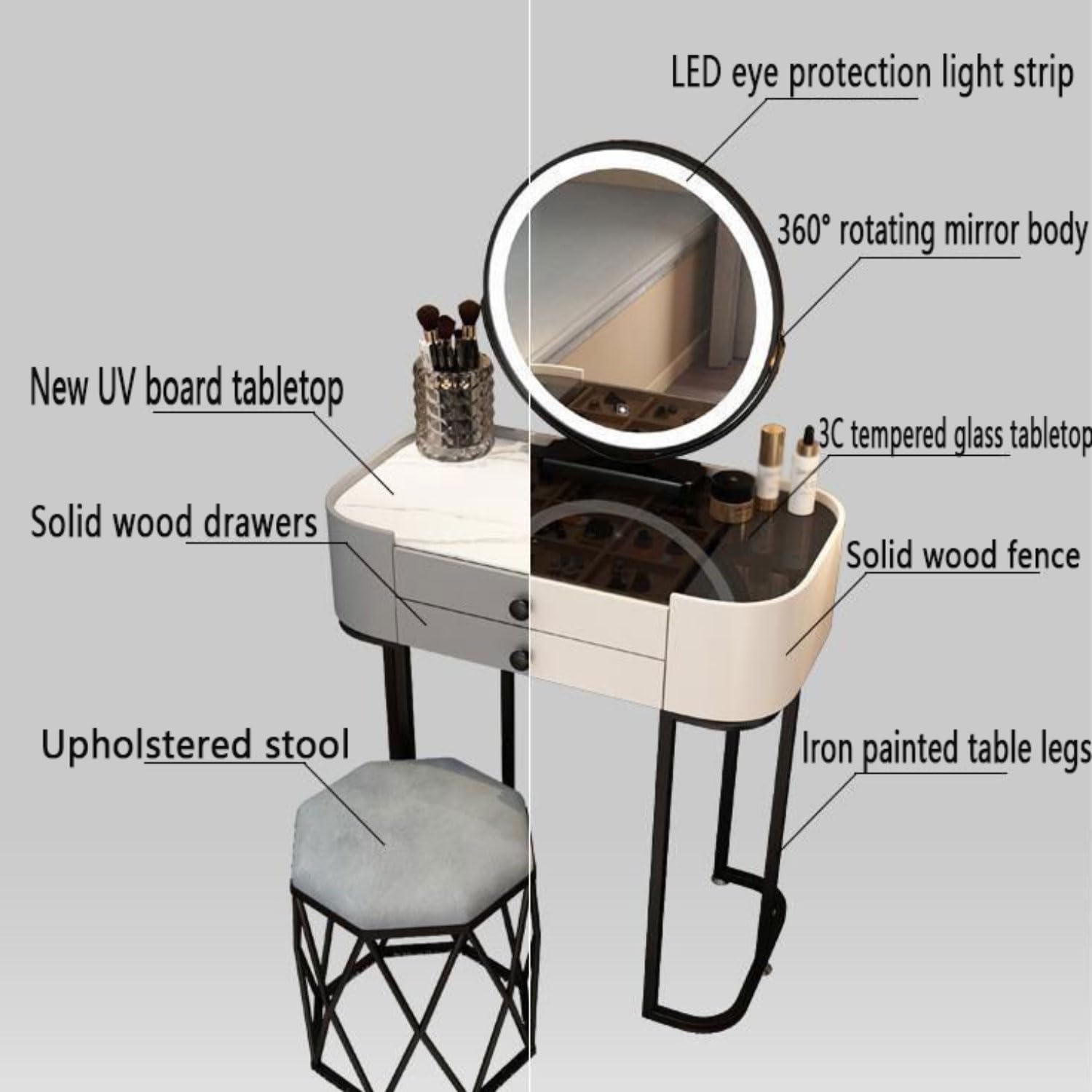 Toeletta da Trucco con Luci LED a Luminosità Regolabile Postazione Trucco con Specchio Tavolo da Toeletta con Piano in Vetro Tavolo da Trucco con Sgabello Imbottito Moderno Scrivania Trucco